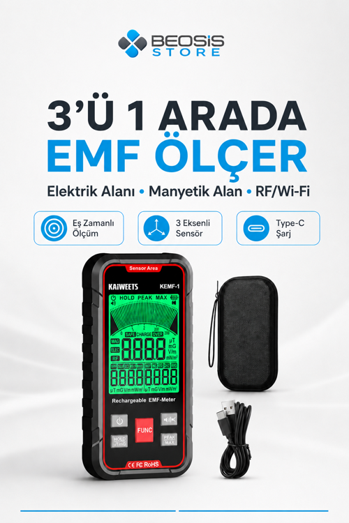 Profesyonel 3'ü 1 Arada EMF ve Radyasyon Ölçer – EF, MF, RF/Wi‑Fi Dedektörü