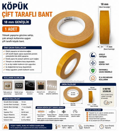 Köpük Çift Taraflı Bant 18mm 8mt (Genişlik 1.8cm / Uzunluk 800cm 8 Metre)