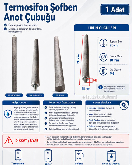 Termosifon Şofben Anot Çubuğu 18mm x 250mm (İnce)