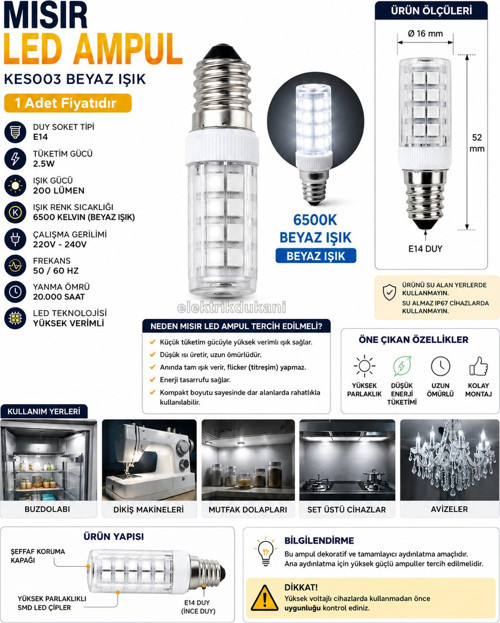 K2 E-14 3w Mısır Led Ampul BEYAZ 6500k 3 Watt 220 Volt (İnce Duy Buz Dolabı Ampulu Beyaz Işık)