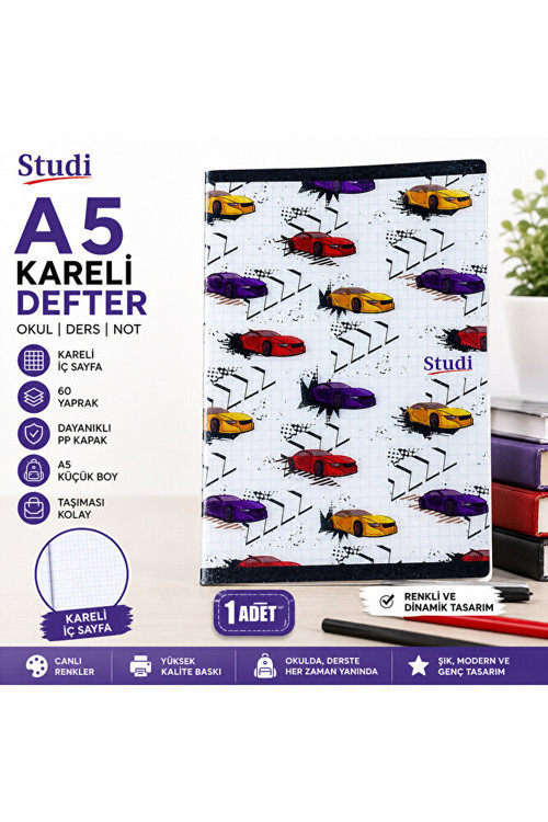 60 Yaprak A5 Kareli Defter – Renkli Spor Araba Desenli PP Kapak Öğrenci Defteri