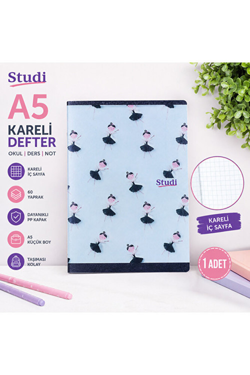 Balerin Desenli A5 Kareli Defter 60 Yaprak PP Kapak Küçük Boy