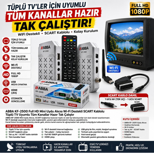 ABBA KF-2500 Full HD Mini Uydu Alıcısı WiFi Destekli Tüplü TV Uyumlu AV SCART Kablolu Tüm Kanallar Hazır Tak Çalıştır Wi-Fi Anteni Dahil