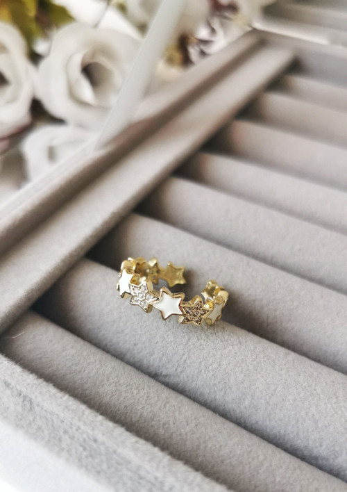 14K Gold Kaplama Beyaz Yıldız Figürlü Ayarlanabilir Çelik Yüzük