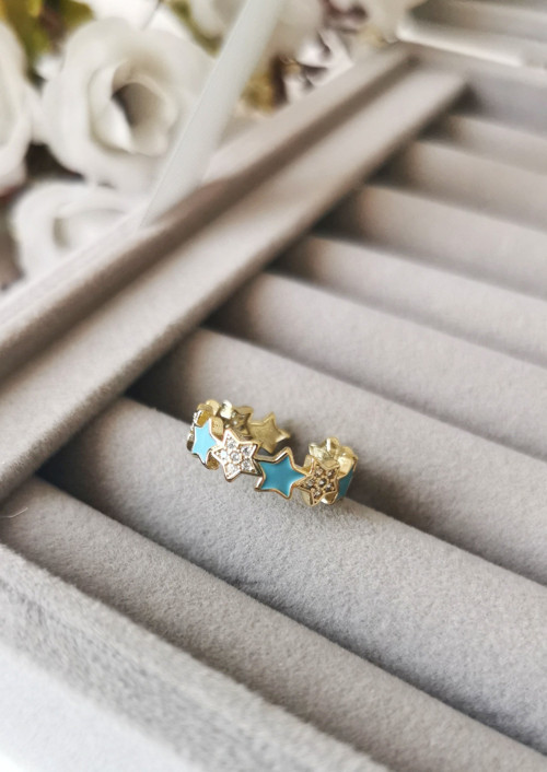 14K Gold Kaplama Mavi Yıldız Figürlü Ayarlanabilir Çelik Yüzük