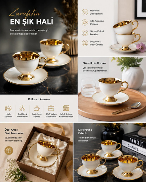 Luxury Yaldızlı Beyaz 6 Kişilik Kahve Fincan Takımı 90 ml (0177)