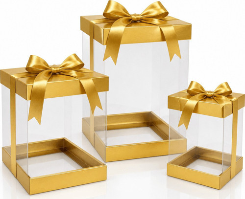 3’lü Gold Asetat Gelin Damat Bohçası ve Çeyiz Kutusu Seti – Şeffaf Hediye Kutusu