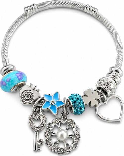Turkuaz Mavi Charm Detaylı Gümüş Renk Kadın Bileklik – 6 cm Hediye Keseli