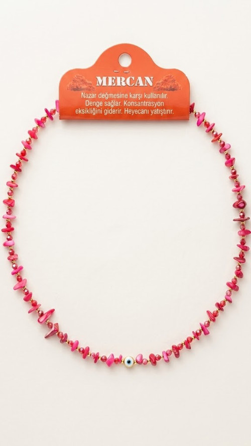 Kadın Doğal Mercan Taşlı Nazar Boncuklu Kolye - 45 cm Pembe Mercan Taşı Şifalı Takı