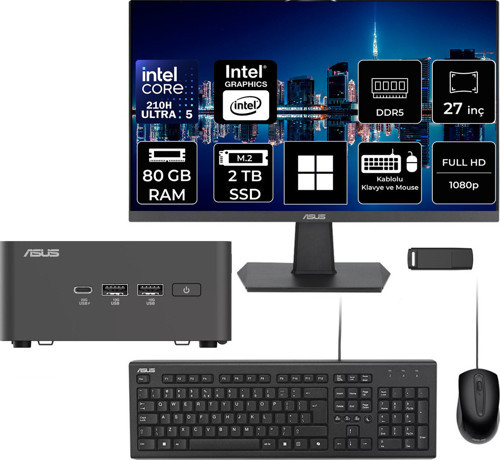 Nuc 15 Pro Tall Intel Core 5-210H 80Gb Ram 2Tb Ssd 27" Full Hd Monitör Win11 Pro Rnuc15Crhc500002P839 Mini Masaüstü Bilgisayar + Per4 Usb Bellek