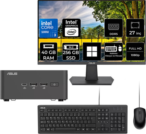 Nuc 15 Pro Tall Intel Core 3-100U 40Gb Ram 256Gb Ssd 27" Full Hd Monitör Win11 Home Rnuc15Crhı300002P771 Mini Masaüstü Bilgisayar + Per4 Usb Bellek