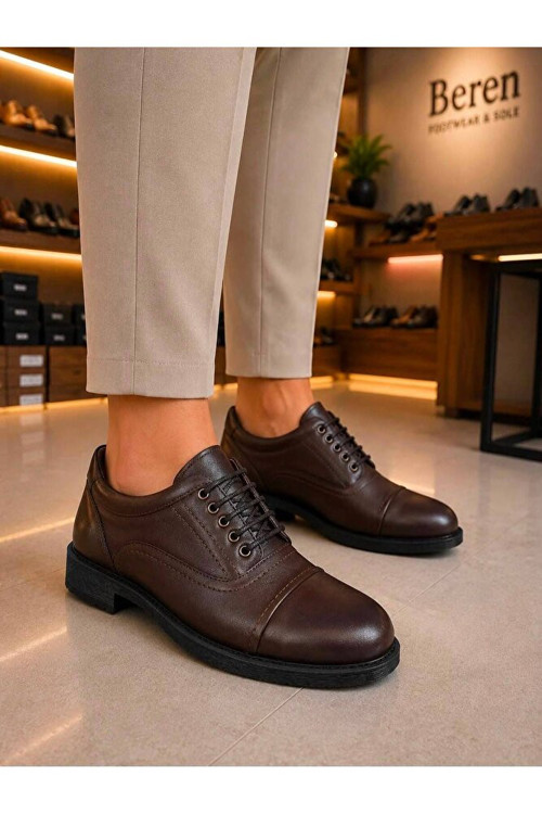 Erkek Hakiki Deri Kahverengi Klasik Ayakkabı Ortopedik Taban Bağcıklı Günlük Casual Office