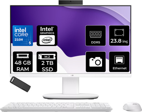 Expertcenter P400 Aio (P440Vak) Intel Core 5 210H 48Gb Ram 2Tb Ssd Intel Graphics 23.8" Full Hd (1920X1080) Freedos P440Vak-C516512W0Dp334 Beyaz All In One Bilgisayar + Per4 Usb Bellek