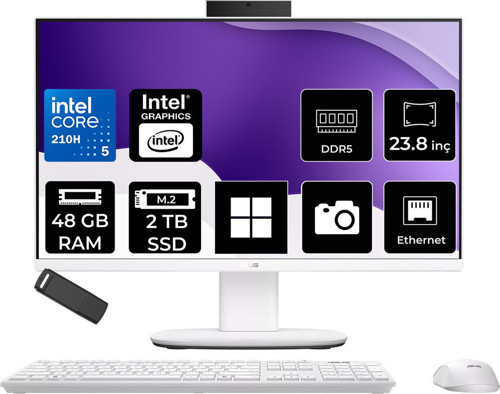 Expertcenter P400 Aio (P440Vak) Intel Core 5 210H 48Gb Ram 2Tb Ssd Intel Graphics 23.8" Full Hd (1920X1080) Win11 Home P440Vak-C516512W0Dp434 Beyaz All In One Bilgisayar + Per4 Usb Bellek