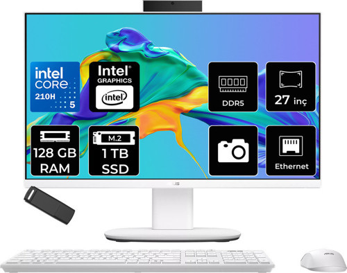 Expertcenter P400 Aio (P470Vak) Intel Core 5 210H 128Gb Ram 1Tb Ssd Intel Graphics 27" Full Hd (1920X1080) Freedos P470Vak-C516512W0Dp357 Beyaz All In One Bilgisayar + Per4 Usb Bellek