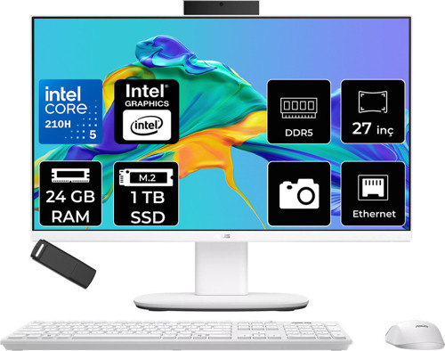 Expertcenter P400 Aio (P470Vak) Intel Core 5 210H 24Gb Ram 1Tb Ssd Intel Graphics 27" Full Hd (1920X1080) Freedos P470Vak-C516512W0Dp315 Beyaz All In One Bilgisayar + Per4 Usb Bellek