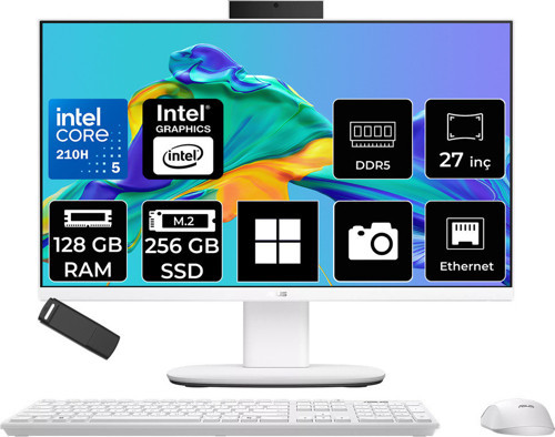 Expertcenter P400 Aio (P470Vak) Intel Core 5 210H 128Gb Ram 256Gb Ssd Intel Graphics 27" Full Hd (1920X1080) Win11 Home P470Vak-C516512W0Dp455 Beyaz All In One Bilgisayar + Per4 Usb Bellek