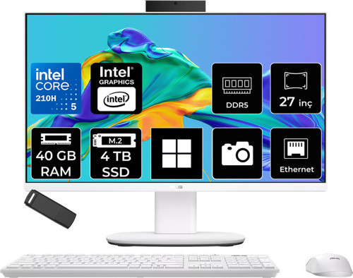 Expertcenter P400 Aio (P470Vak) Intel Core 5 210H 40Gb Ram 4Tb Ssd Intel Graphics 27" Full Hd (1920X1080) Win11 Home P470Vak-C516512W0Dp429 Beyaz All In One Bilgisayar + Per4 Usb Bellek