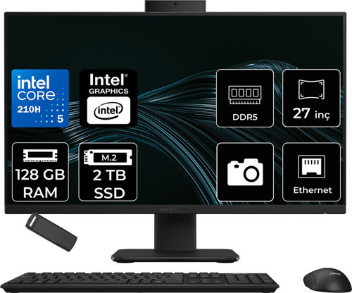 Expertcenter P400 Aio (P470Vak) Intel Core 5 210H 128Gb Ram 2Tb Ssd Intel Graphics 27" Full Hd (1920X1080) Freedos P470Vak-C516512B0Dp358 Siyah All In One Bilgisayar + Per4 Usb Bellek