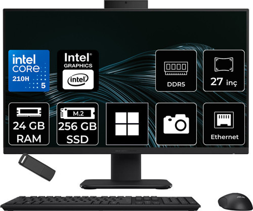 Expertcenter P400 Aio (P470Vak) Intel Core 5 210H 24Gb Ram 256Gb Ssd Intel Graphics 27" Full Hd (1920X1080) Win11 Pro P470Vak-C516512B0Dp513 Siyah All In One Bilgisayar + Per4 Usb Bellek