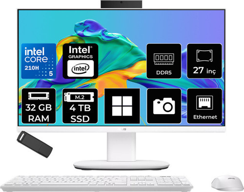 Expertcenter P400 Aio (P470Vak) Intel Core 5 210H 32Gb Ram 4Tb Ssd Intel Graphics 27" Full Hd (1920X1080) Win11 Home P470Vak-C516512W0Dp423 Beyaz All In One Bilgisayar + Per4 Usb Bellek