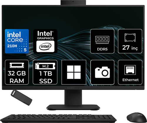 Expertcenter P400 Aio (P470Vak) Intel Core 5 210H 32Gb Ram 1Tb Ssd Intel Graphics 27" Full Hd (1920X1080) Win11 Pro P470Vak-C516512B0Dp521 Siyah All In One Bilgisayar + Per4 Usb Bellek