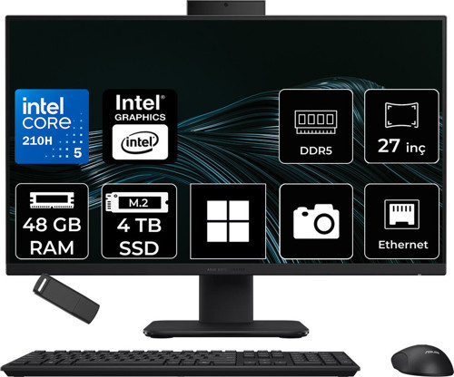 Expertcenter P400 Aio (P470Vak) Intel Core 5 210H 48Gb Ram 4Tb Ssd Intel Graphics 27" Full Hd (1920X1080) Win11 Home P470Vak-C516512B0Dp435 Siyah All In One Bilgisayar + Per4 Usb Bellek