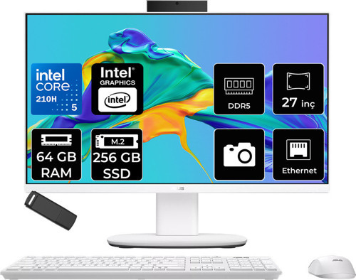 Expertcenter P400 Aio (P470Vak) Intel Core 5 210H 64Gb Ram 256Gb Ssd Intel Graphics 27" Full Hd (1920X1080) Freedos P470Vak-C516512W0Dp337 Beyaz All In One Bilgisayar + Per4 Usb Bellek