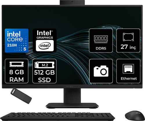 Expertcenter P400 Aio (P470Vak) Intel Core 5 210H 8Gb Ram 512Gb Ssd Intel Graphics 27" Full Hd (1920X1080) Freedos P470Vak-C516512B0Dp302 Siyah All In One Bilgisayar + Per4 Usb Bellek