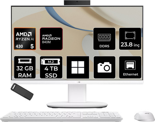 Expertcenter V600 Aio (Vm640Ga) Amd Ryzen Aı 5 430 32Gb Ram 4Tb Ssd Amd Radeon 840M 23.8" Full Hd (1920X1080) Win11 Pro Vm640Ga-Wpc030Wp523 Beyaz All In One Bilgisayar + Per4 Usb Bellek