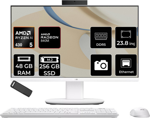 Expertcenter V600 Aio (Vm640Ga) Amd Ryzen Aı 5 430 48Gb Ram 256Gb Ssd Amd Radeon 840M 23.8" Full Hd (1920X1080) Freedos Vm640Ga-Wpc030Wp331 Beyaz All In One Bilgisayar + Per4 Usb Bellek