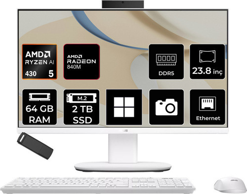 Expertcenter V600 Aio (Vm640Ga) Amd Ryzen Aı 5 430 64Gb Ram 2Tb Ssd Amd Radeon 840M 23.8" Full Hd (1920X1080) Win11 Pro Vm640Ga-Wpc030Wp540 Beyaz All In One Bilgisayar + Per4 Usb Bellek