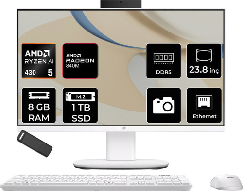 Expertcenter V600 Aio (Vm640Ga) Amd Ryzen Aı 5 430 8Gb Ram 1Tb Ssd Amd Radeon 840M 23.8" Full Hd (1920X1080) Freedos Vm640Ga-Wpc030Wp303 Beyaz All In One Bilgisayar + Per4 Usb Bellek