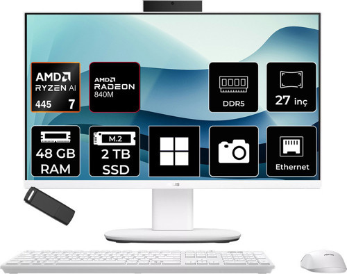 Expertcenter V600 Aio (Vm670Ga) Amd Ryzen Aı 7 445 48Gb Ram 2Tb Ssd Amd Radeon 840M 27" Full Hd (1920X1080) Win11 Home Vm670Ga-Wpe032Wp434 Beyaz All In One Bilgisayar + Per4 Usb Bellek