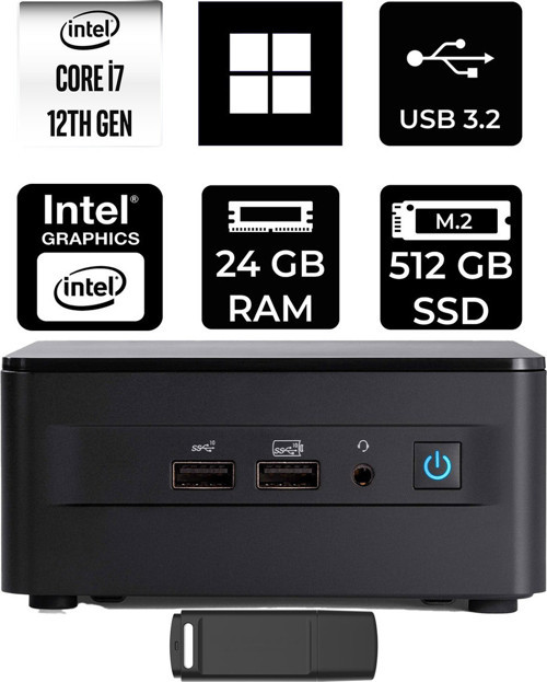 Nuc 12 Pro Tall Intel Core İ7-1260P 24Gb Ram 512Gb Ssd Win11 Pro Rnuc12Wshı700002Ip412 Mini Masaüstü Bilgisayar + Per4 Usb Bellek