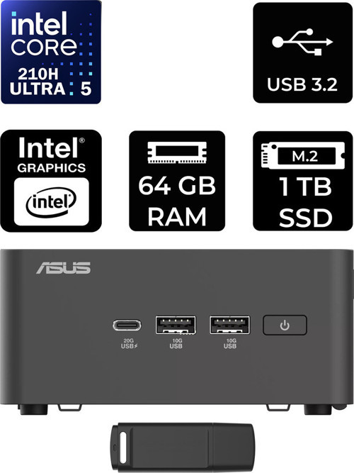Nuc 15 Pro Tall Intel Core 5-210H 64Gb Ram 1Tb Ssd Freedos Rnuc15Crhc500002P333 Mini Masaüstü Bilgisayar + Per4 Usb Bellek
