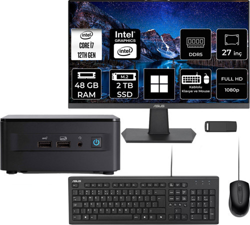 Nuc 12 Pro Tall Intel Core İ7-1260P 48Gb Ram 2Tb Ssd 27" Full Hd Monitör Win11 Pro Rnuc12Wshı700002Ip829 Mini Masaüstü Bilgisayar + Per4 Usb Bellek