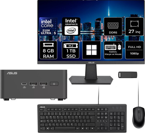 Nuc 15 Pro Tall Intel Core 5-210H 8Gb Ram 1Tb Ssd 27" Full Hd Monitör Win11 Pro Rnuc15Crhc500002P803 Mini Masaüstü Bilgisayar + Per4 Usb Bellek