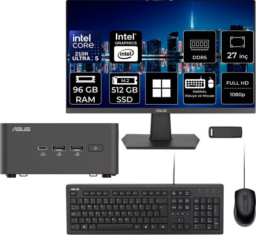 Nuc 15 Pro Tall Intel Core 5-210H 96Gb Ram 512Gb Ssd 27" Full Hd Monitör Win11 Pro Rnuc15Crhc500002P842 Mini Masaüstü Bilgisayar + Per4 Usb Bellek