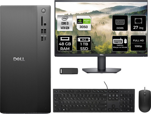 Tower Essential Qvt1260 Intel Core İ3 14100 Rtx 3050 6Gb 48Gb Ram 1Tb Ssd 27" Fhd Freedos Bto001_Qvt1260P1090 Masaüstü Bilgisayar + Per4 Usb Bellek