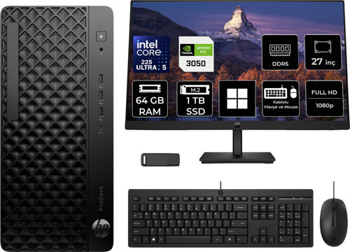 Prodesk 4 Tower G1İ Intel Core Ultra 5 225 Rtx 3050 6Gb 64Gb Ram 1Tb Ssd 27" Fhd Win11 Pro D36Tqetp1134 Masaüstü Bilgisayar + Per4 Usb Bellek