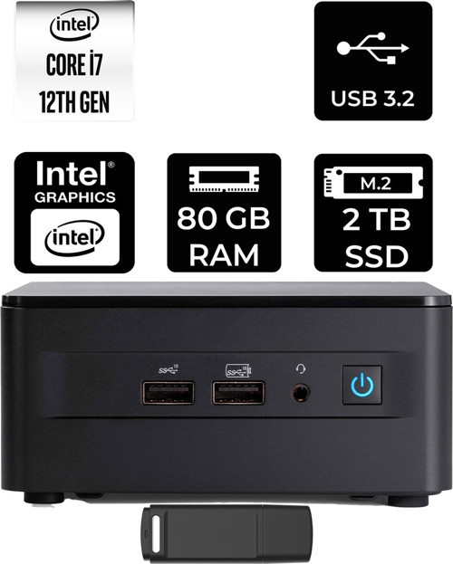 Nuc 12 Pro Tall Intel Core İ7-1260P 80Gb Ram 2Tb Ssd Freedos Rnuc12Wshı700002Ip339 Mini Masaüstü Bilgisayar + Per4 Usb Bellek