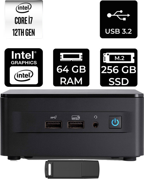 Nuc 12 Pro Tall Intel Core İ7-1260P 64Gb Ram 256Gb Ssd Freedos Rnuc12Wshı700002Ip331 Mini Masaüstü Bilgisayar + Per4 Usb Bellek
