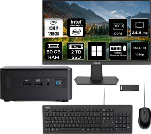 Nuc 12 Pro Tall Intel Core İ7-1260P 80Gb Ram 2Tb Ssd 23.8" Full Hd Monitör Win11 Pro Rnuc12Wshı700002Ip639 Mini Masaüstü Bilgisayar + Per4 Usb Bellek