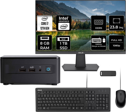 Nuc 12 Pro Tall Intel Core İ7-1260P 8Gb Ram 1Tb Ssd 23.8" Full Hd Monitör Freedos Rnuc12Wshı700002Ip503 Mini Masaüstü Bilgisayar + Per4 Usb Bellek