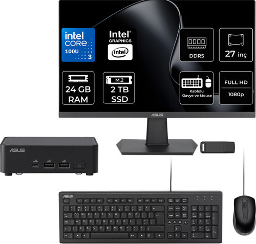Nuc14 Pro Slim Kit Intel Core 3-100U 24Gb Ram 2Tb Ssd 27" Full Hd Monitör Freedos Rnuc14Rvkı300002Ip714 Mini Masaüstü Bilgisayar + Per4 Usb Bellek