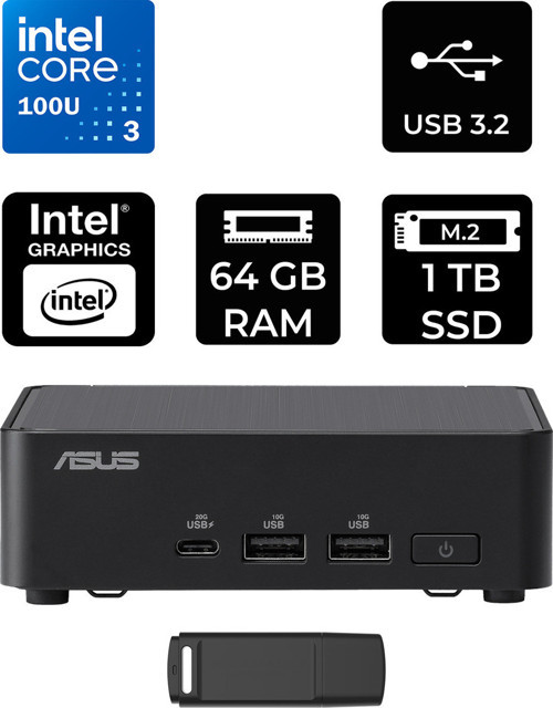 Nuc14 Pro Slim Kit Intel Core 3-100U 64Gb Ram 1Tb Ssd Freedos Rnuc14Rvkı300002Ip333 Mini Masaüstü Bilgisayar + Per4 Usb Bellek