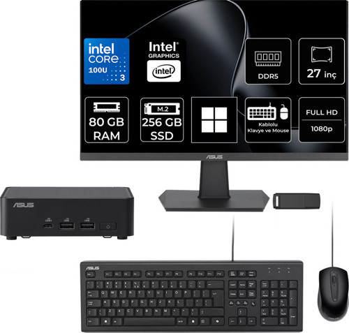 Nuc14 Pro Slim Kit Intel Core 3-100U 80Gb Ram 256Gb Ssd 27" Full Hd Monitör Win11 Home Rnuc14Rvkı300002Ip786 Mini Masaüstü Bilgisayar + Per4 Usb Bellek