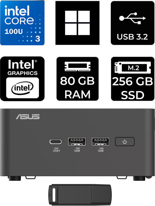 Nuc 15 Pro Tall Intel Core 3-100U 80Gb Ram 256Gb Ssd Win11 Pro Rnuc15Crhı300002P436 Mini Masaüstü Bilgisayar + Per4 Usb Bellek