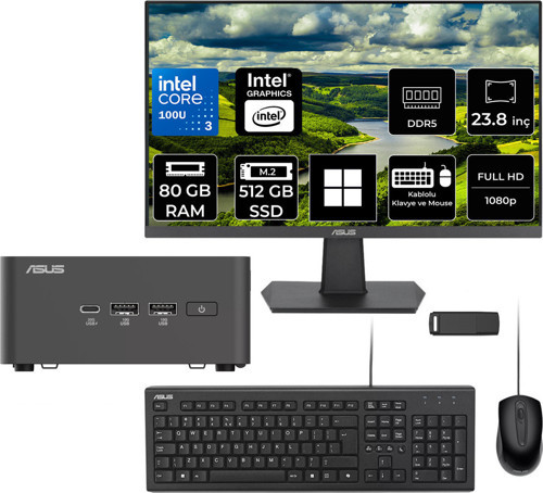 Nuc 15 Pro Tall Intel Core 3-100U 80Gb Ram 512Gb Ssd 23.8" Full Hd Monitör Win11 Pro Rnuc15Crhı300002P637 Mini Masaüstü Bilgisayar + Per4 Usb Bellek